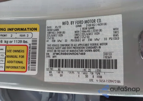 2022 Ford Bronco Sport Big Bend z USA, uszkodzony, nr VIN 3FMCR9B65NRD67469